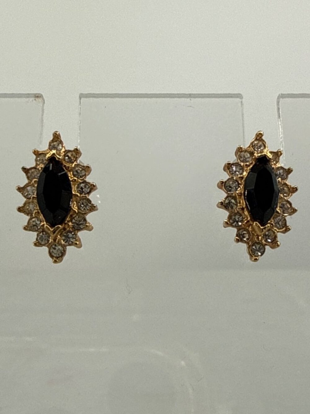 Vintage Marquise Faux Black Onyx Gold Halo Stud Earrings